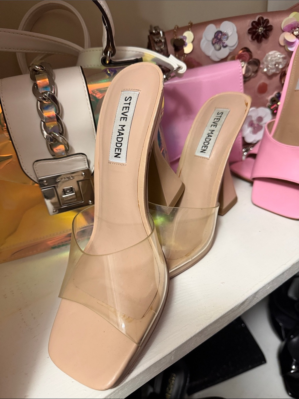 Steve Madden Nude Clear Vinyl Block Heel Mules